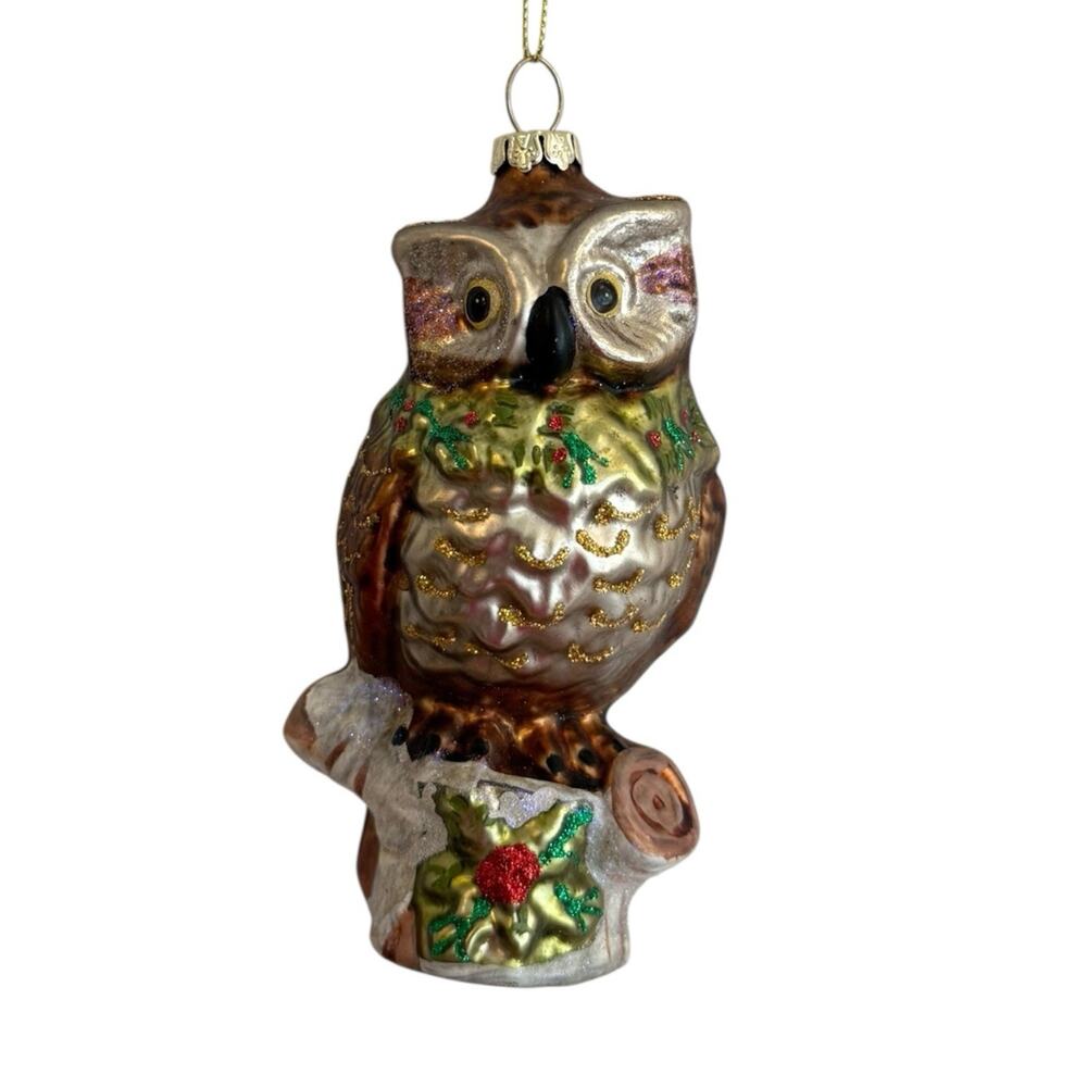 Hand Blown Rustic Owl Stump Poins Glass Ornament 5" Tall Brown Light Shimmer EUC